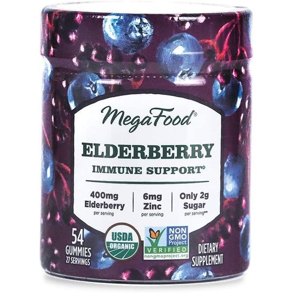 ​MegaFood Elderberry Gummy - Immune Support, Zinc, Soft Chew Supplement, USDA Organic - Vegan - Gluten-Free - Berry - 54 Count (27 Servings)
