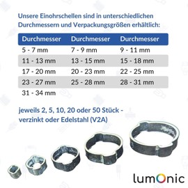 Lumonic I 10 x 2-ear clamps, 23-27 mm, V2A stainless steel, two-ear clamp, hose clamp, for compressed air, pipe systems, garden, car