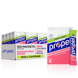 Propel Energy Boost Zero Calorie Powder Packets with Electrolytes and Caffeine, Passionfruit Guava, (120 Pack)