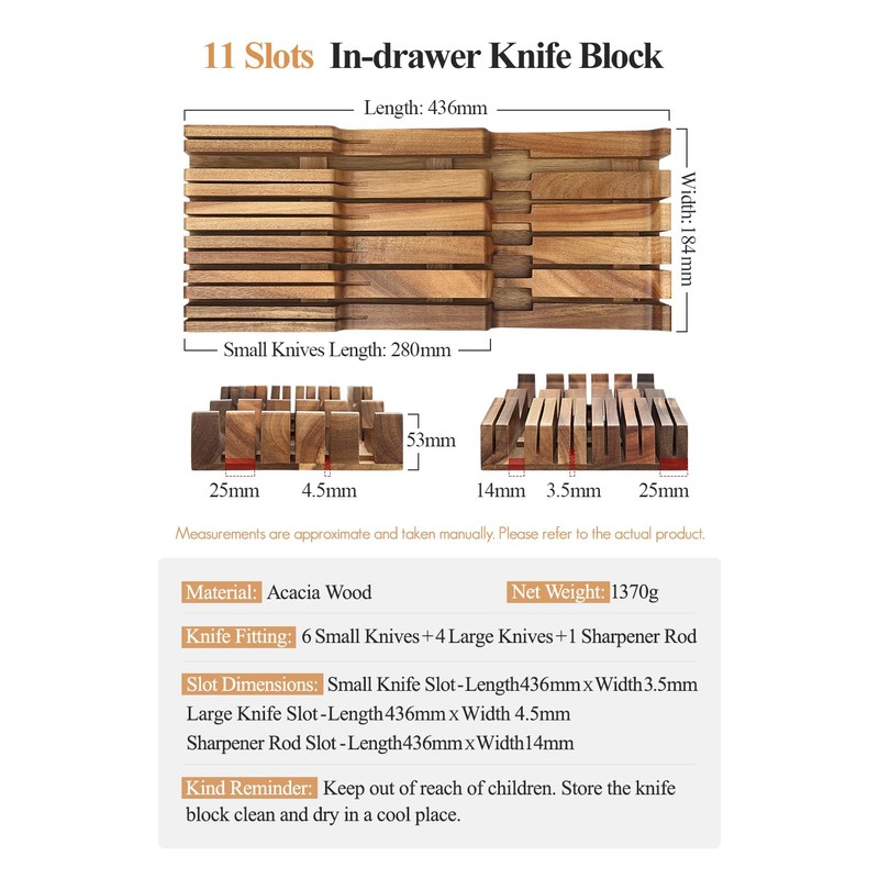 XINZUO In-drawer Knife Block, Natural Acacia Knife Drawer Oganizer, Insert-Kitchen