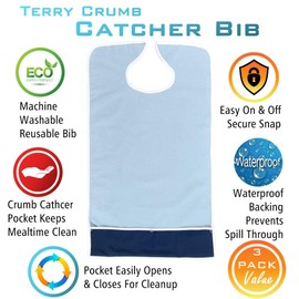 Comfort Finds Crumb Catcher Adult Bib - Waterproof Absorbent Terry Cloth Senior Bibs Clothing Protector - Keeps Mealtime Clean (Light Blue, Single Pack)