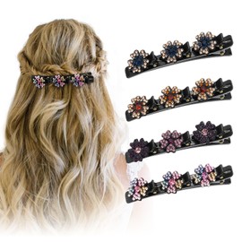 QIUTIMIY Set of 4 Rhinestone Flower Hair Clips with Sparkling Crystal Stones, Colourful Sparkling Braided Hair Pins, Flower