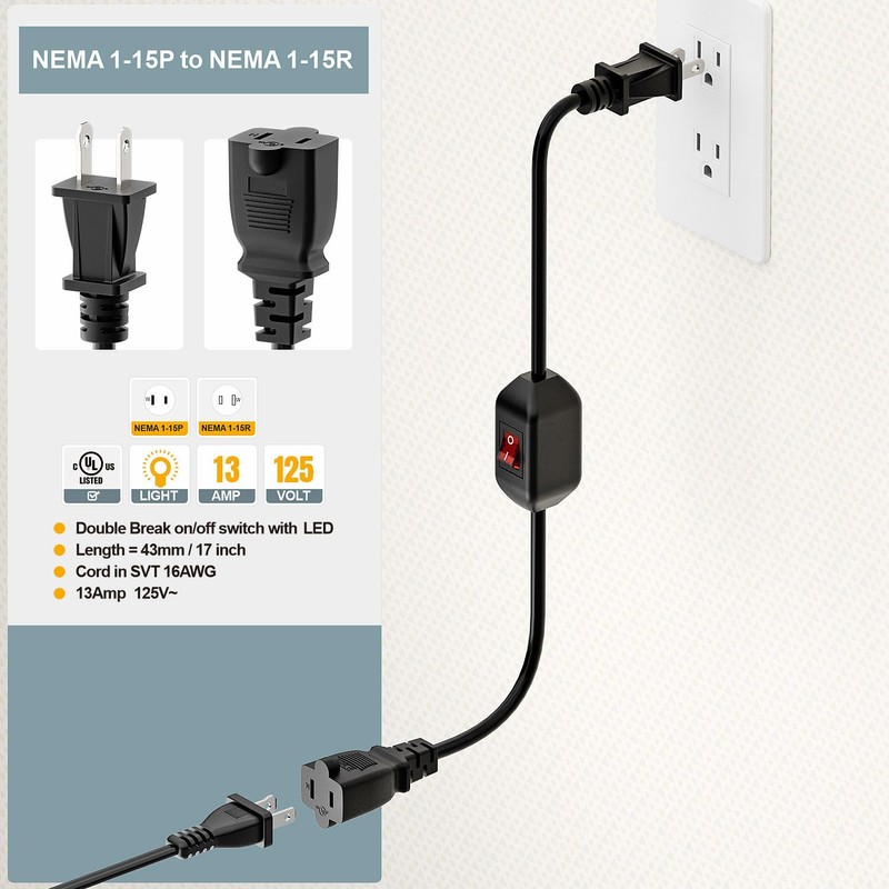 Double Break On Off Switch Extension Cord, 2-Prong/2 Outlet Polarized
