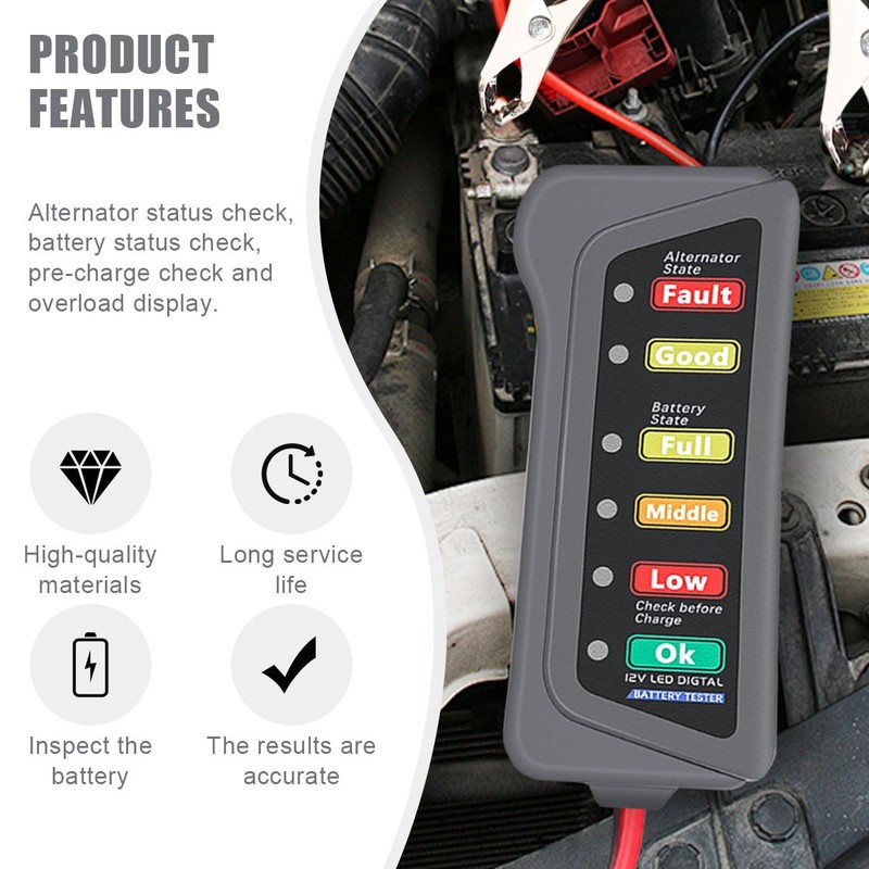 12V Car Battery Alternator Tester with 6 LED Indicator, Automotive