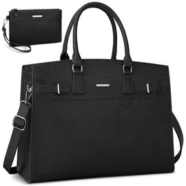 RAINSMORE Laptop Bag for Women 15.6 Inch Waterproof Leather Laptop Tote Bag Business Office Work Bag Professional Briefcase Large Computer Tote Handbag Shoulder Bag with Satchel Purse 2pcs Set, Black - Color: Black