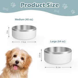 LIANLAI Dog Bowl, Rust-Resistant Stainless Steel Dog Bowls, Non-Slip Dog Water Bowl, No Spill Water Bowl for Dogs, Double-Walled Dog Food Bowl, Dog Bowls Large Breed, Dishwasher Safe (White，40 oz)