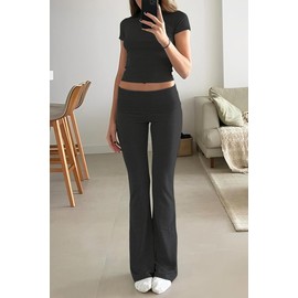ZFLM Casual Workout Two Piece Outfits for Women Short Sleeve Crop High Waist Foldover Flare Pants Tracksuit Sets Streetwear