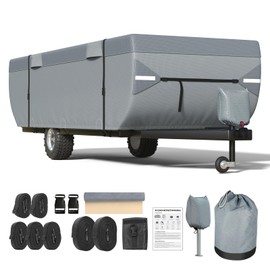 Mofeez Pop Up Camper Cover 12-14ft, 7 Layers Top Extra-Thick Pop Up Trailer Cover, Waterproof, Windproof, Anti-UV, Rip-Stop Folding Camper Cover with 3+2 Windproof Straps, Storage Bag