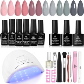 Beetles Gel Nail Polish Set con Lámpara UV/LED - 6 Colores Nude Gris Rosa con Base y Top Coat, Set de Manicura DIY en Casa, Regalo para Mujer, Uso Tipo Salón