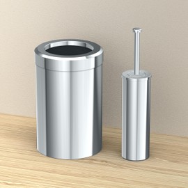 Modern Round Waste Basket and Toilet Brush Set, Chrome Open Top Stainless Steel Trash Can with Removable Lid, 3 Gallon Capacity, Gatco Luxury Bathroom Housewarming Gift
