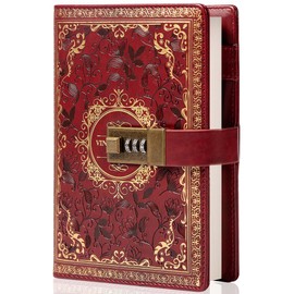 TIEFOSSI Vintage Leather Journal Notebook with Combination Lock,A5 Embossed Flower Secret Diary Ruled Lined Paper for Writing, Gift for Women Girls Children (Wine)