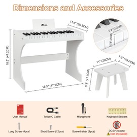 Kids Keyboard, 37 Keys Digital for Kids, Mini Music Educational Instrument Toy, Wood for Toddlers Girls Boys (White)