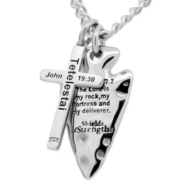 Shields of Strength Men's Stainless Rugged Arrowhead/Perfect Cross Combo Necklace - 2 Samuel 22:2 / John 19:30