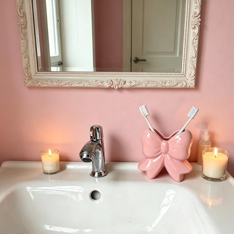Pink Bow Ceramic Toothbrush Holder, Coquette Bow Vase Multi-Purpose Storage