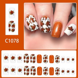 Maple Leaf Press on Nails Fall Fake Nails Short Square Glue on Nails Glossy Orange Acrylic Nails Full Cover Fall Leaves Stick on Nails Cute Artificial Nails for Women Manicure Tips Decorations, 24Pcs
