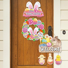 Easter Door Decorations,Easter Wreath for Front Door, Paper Jam Easter Bunny Egg Chick Decor Door Sign Wreath 15x11 Inch, Cute Welcome Door Sign Easter Decorations, Easter Welcome Door Sign