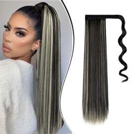 Dcbaboo Ponytail Hairpiece Braid Extensions Straight Long 55 cm Wrapped Ponytail Extension Hair Extension Braid Clip in Synthetic Straight Ponytail Extension Synthetic Hair, Black & Bleach Blonde