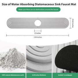 Shinowa Faucet Mat for Kitchen Sink, Diatomite Kitchen Sink Splash Guard, Quick Drying Water Stone for Kitchen Sink, Sink Splash Guard for Kitchen Bathroom,Included Sand Paper (Light Grey, 24'' x 4'')