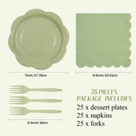 KFJBPB 75 PCS Sage Green Paper Plates and Napkins Party Supplies, Green Scalloped Plates Napkins Forks Disposable Tableware Set for Bridal Baby Shower Wedding Birthday Party Decorations