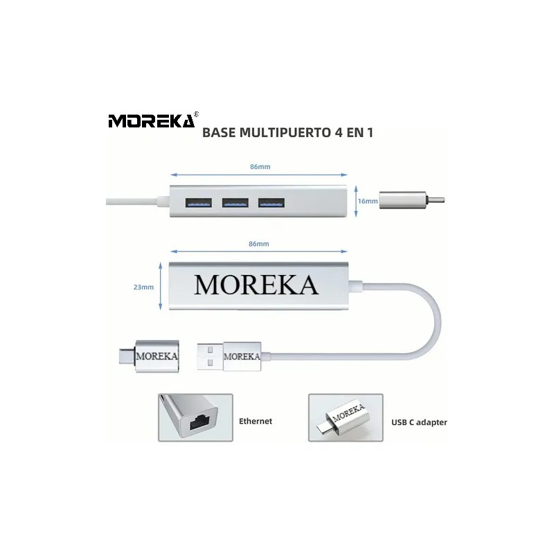 Adaptador USB Ethernet Moreka 4 en 1 RJ45 a USB