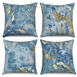 Marble Cushion Covers 40 x 40 cm Set of 4, Hnmdmyi Blue Gold Abstract Marble Texture Ink Decorative Throw Pillow Covers Modern Luxury Art Linen Pillowcases for Sofa Couch Bed Garden Outdoor Home Decor