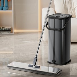 SWIFTIRON Black Flat Mop and Bucket for Home with 4 Extra Refills, Stainless Steel Mop and Bucket with Wringer, Hands-Free Mop, Wet and Dry Use Mop with Long Handle