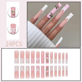 Pink White Press on Nails Extra Long Square French Tip Fake Nails with Charms Acrylic Nails Set Matte False Nails with Bow Cherry Designs Glue on Nails Full Cover Stick on Nails for Women 24PCS