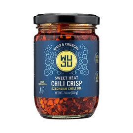WUJU Chili Crisp Oil - Crunchy Garlic Flakes and Sesame Seeds in Szechuan Chili Oil, Medium Heat for Toppings, Condiment, or Sauce - No Sugar Added, Non-GMO, 7.41 oz, Sweet Flavor