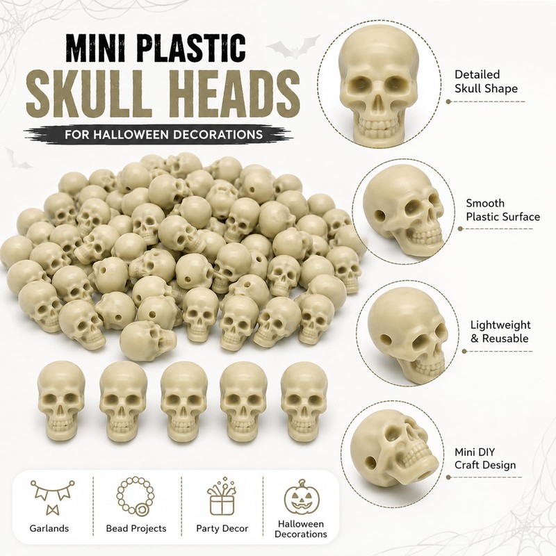 Derkiua 100pcs Mini Plastic Skull Heads for Halloween Decorations