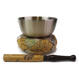 Orin Set, Modern Buddhist Altar, New Brocade Arabesque, Round Shape (2.5 inches (7.5 cm), Shinbrocade Arabesque Ochre