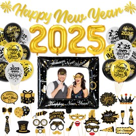 HOWAF New Year's Eve Decoration 2025, Happy New Year Garland New Year's Eve Banner New Year's Eve Balloons 2025 Balloons New Year's Eve Photo Frame Foil Balloons New Year's Eve Photo Props for New