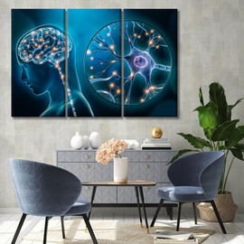 LSIUHWUWI Bathroom Wall Decor Human Brain Stimulation or Activity Wall Art Neuron Home Decor 3 Pieces Wall Art for Living Room Dining Room Stretched with Wooden Frame Ready to Hang 20X40X3 INCH
