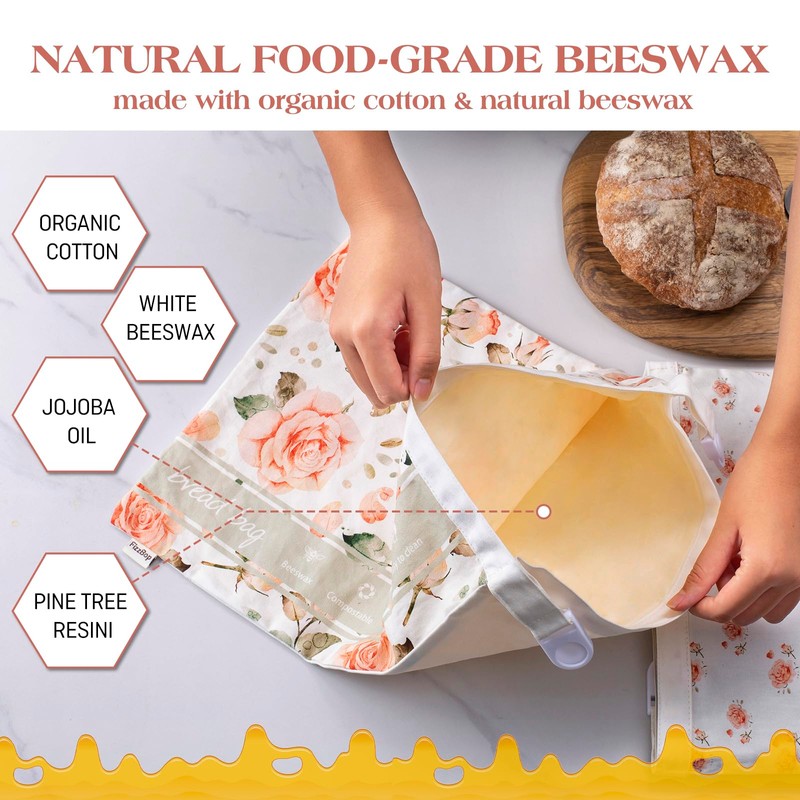 FIZZBOP Beeswax Bread Bags 2-Pack, Reusable XL 13x17 Inch For
