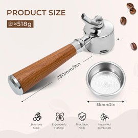 alouweekuky Portafilter 51 mm, Double Spout, 3 Ears, Porta Filter, Compatible with Delonghi Dedica Portafilter EC680/EC685/EC785/EC820/EC850/EC860, Stainless Steel Filter Holder