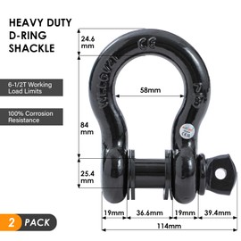 KATSU Tools Tow Shackles 2PK 7/8" D-Ring Shackle 6.5 Ton Heavy Duty Galvanized 52,000 lbs Break Strength Stronger Than 3/4" D Shackle, for Tow Strap Winch Rope 4x4 Off Road Vehicle Recovery, Black