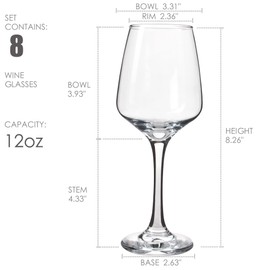 YANGNAY Wine Glasses Set of 8, 12 Oz Classic Red or White Wine Glass with Stem, Perfect for Home, Restaurant Use, Dishwasher Safe