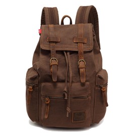 Vintage Unisex Casual Leather Backpack Canvas Rucksack Bookbag Satchel Hiking Backpack Travel Outdoor Shouder Bag