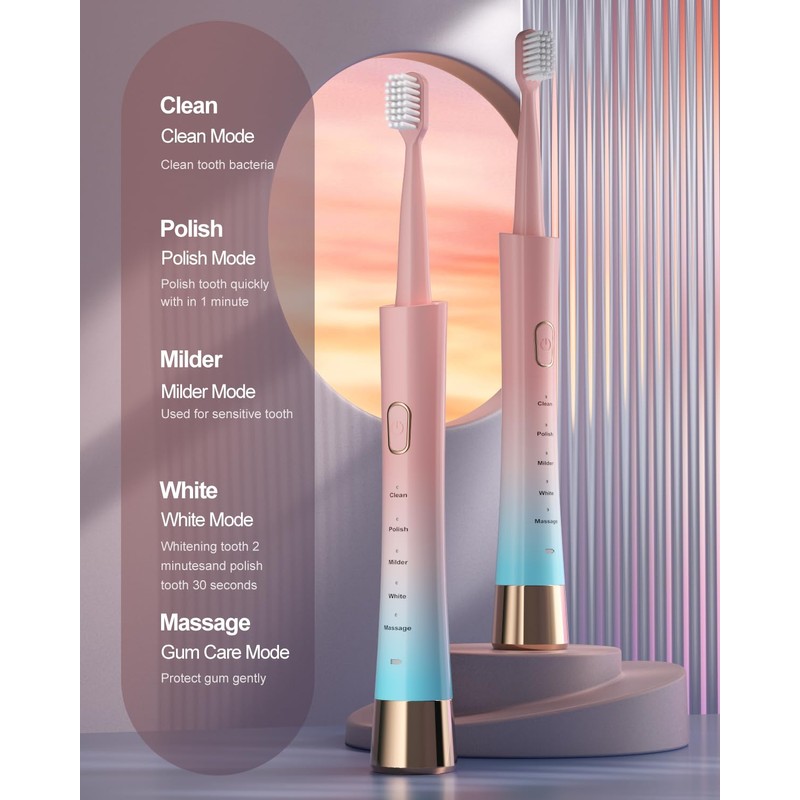 AJELU Pink & Blue Gradient Rechargeable Sonic Electric Toothbrush for