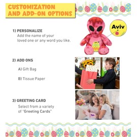 DolliBu Pink Tie-Dye Alien with Yellow Easter Egg Plush and Name Personalization - Cute Stuffed Dolls for Easter Basket, Easter Egg Stuffed Doll Spring Toys for Girls, Boy, Baby - 11 Inches