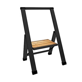 Sorfey Premium 1 Step Ladder Modern Bamboo. Lightweight,-Ultra Slim Profile, Anti Slip Steps, Sturdy-Portable for Home, Office, Kitchen, Photography Use, Black Aluminum Finish