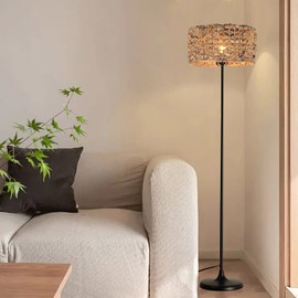 SUNLLOK Bamboo Floor Lamp for Living Room, Industrial Rattan Lampshade Tall Standing Lamp with Foot Switch, Modern Black Boho Woven Floor Light Decor for Kitchen Island, Bedroom, Office, Restaurant