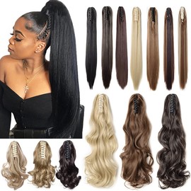 S-noilite Ponytail Extension Claw Straight Jaw Ponytails Hairpiece Long Pony Tail Claw in Hair Extensions Synthetic Fiber for Women 22 Inch Light Brown