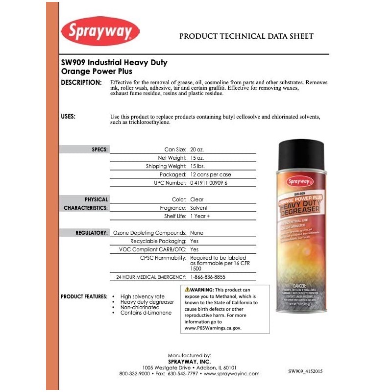 Sprayway SW909 Industrial Heavy Duty Orange Power Plus Degreaser, 15