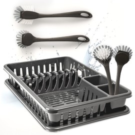 Hausfelder Dish Drainer Set of 2 Dish Drainer Crockery and Collection Tray + 4 x Washing Up Brushes (Value Pack with Dish Brushes (SpaceBlack))