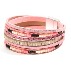 Dmaiy Boho Leather Bracelet Wrap Layered Bracelets Buckle Clasp Stackable Bracelet Beads Jewelry for Women (Pink)