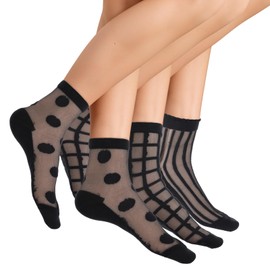 Meyeyaia 3 Pairs Sheer Ankle Socks Women,Black See-Through Mesh Socks,Dots, Stripes and Geometric,Summer Thin Fashion