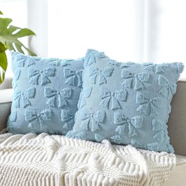 Pillow Cases, Pillowcases, 2 PCS Cushion Covers with Bow Design, Soft Plush Faux Fur Cushion Covers, Plush Aesthetic Cushion Cases for Bed Sofa Home Indoor Outdoor Holiday Decorations (Blue)
