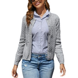 Dosieyeo Women's Cardigan Elegant Long Sleeve Cardigan with Cable Pattern Cuddly Crew Neck Knitted Vest with Buttons for Autumn, gray