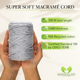 MeriWoolArt® Premium Macrame Yarn Grey - Macrame Cotton Yarn 3 mm x 200 m - Super Soft Yarn, Single Twist Macrame Cord - Oeko-Tex 96% Recycled Cotton for DIY Boho Decoration Crafts