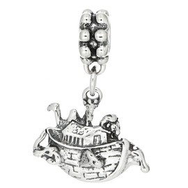 LGU Sterling Silver Oxidized Noah's Ark with Animals Dangle Bead Charm